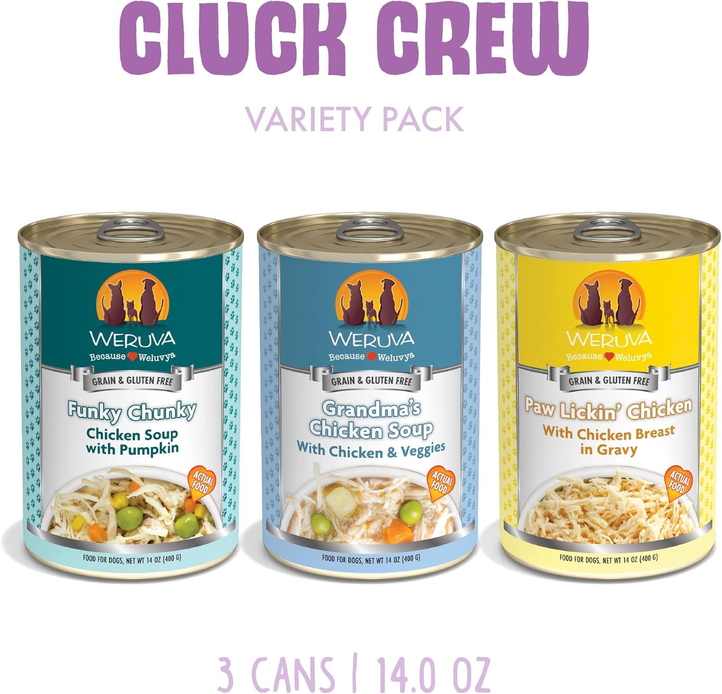 Weruva Classic Dog Food, Cluck Crew Trial Variety Pack, 14oz Can, Pack of 3