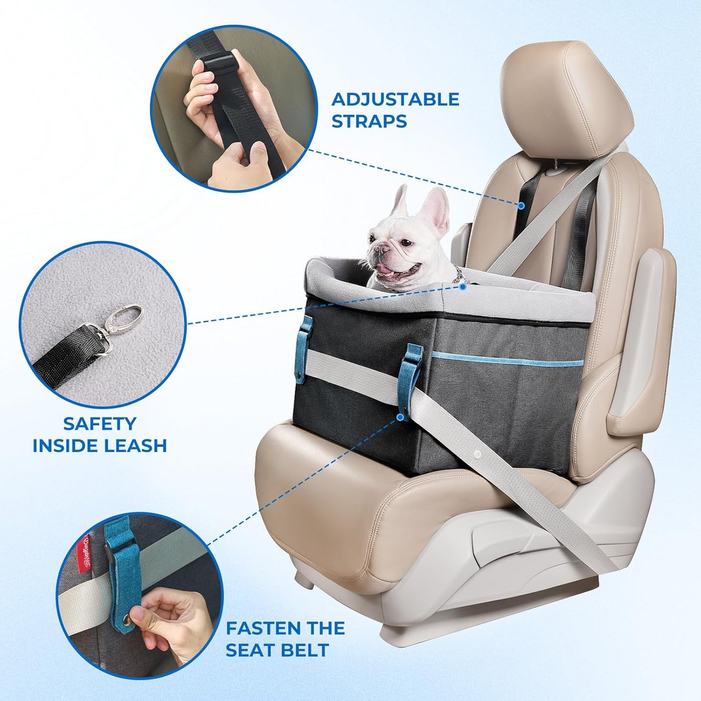 BurgeonNest Dog Car Seat for Small Dogs, Cozy Dog Booster Car Seat with Unique Safety Buckles,Puppy Carseat Covered with Double-Thick Plush, with Clip-on Leash Suitable for Small Pets Up to 20lbs