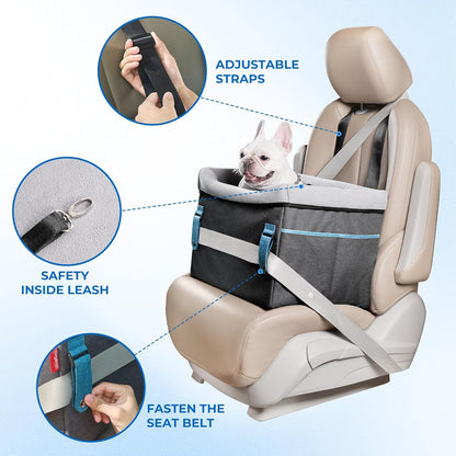 BurgeonNest Dog Car Seat for Small Dogs, Cozy Dog Booster Car Seat with Unique Safety Buckles,Puppy Carseat Covered with Double-Thick Plush, with Clip-on Leash Suitable for Small Pets Up to 20lbs