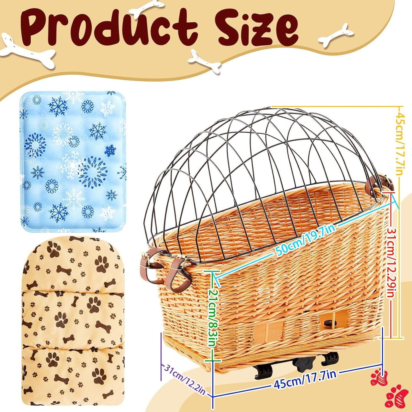 Wicker Dog Bike Basket, Rattan Pet Carrier for Small Dogs Cats with Protective Grille, Includes Ice Pad and Soft Cotton Cushion, for Secure Bicycle Rear Luggage Rack