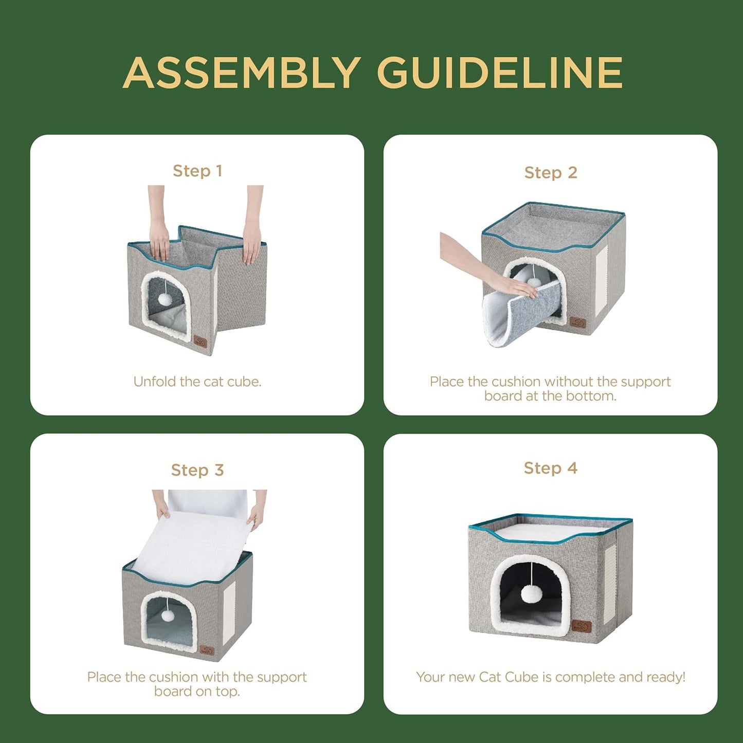 Bedsure Cat Beds for Indoor Cats - Large Cat Cave for Pet Cat House with Fluffy Ball Hanging and Scratch Pad, Foldable Cat Hideaway, 16.5x16.5x13 inches, Grey