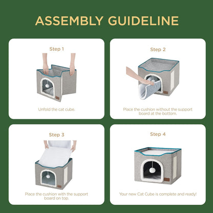 Bedsure Cat Beds for Indoor Cats - Large Cat Cave for Pet Cat House with Fluffy Ball Hanging and Scratch Pad, Foldable Cat Hideaway, 16.5x16.5x13 inches, Grey