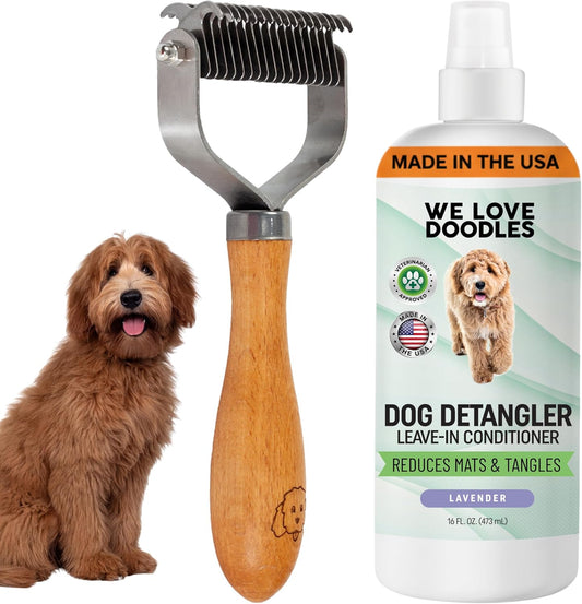 Dog Detangler Spray & Dematting Comb Set for Dogs – Stainless Steel Undercoat Rake + Leave-in Conditioner – Removes Tangles, Mats & Shedding – Lavender Scent – Made in USA [We Love Doodles]