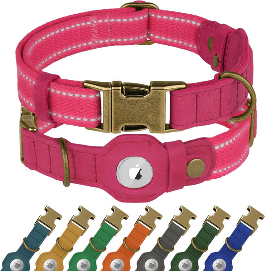 Reflective Leather Dog Collar with AirTag Holder - Soft Apple Airtag Dog Collar with Metal Buckle - Safety Cotton Pet Collars for Dogs Small Large Dogs Puppy (Pink, XS, 9"-12")