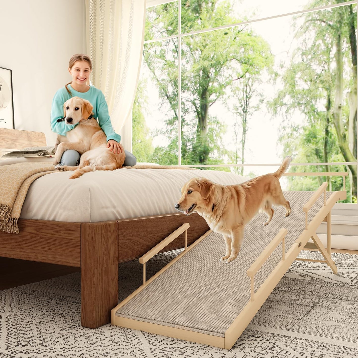 Dog Ramp for Bed, Couch & Car – Adjustable Foldable Pet Ramp, 64.17" Long, 17.72" Wide, Non-Slip Surface with Safety Rails, 8 Heights 20.08"-28.35", Supports 220 lbs, Solid Wood