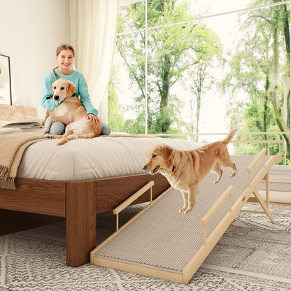 Dog Ramp for Bed, Couch & Car – Adjustable Foldable Pet Ramp, 64.17" Long, 17.72" Wide, Non-Slip Surface with Safety Rails, 8 Heights 20.08"-28.35", Supports 220 lbs, Solid Wood