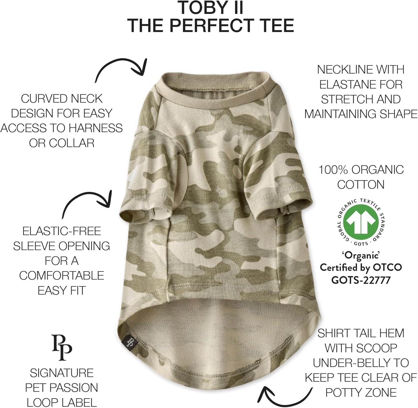 Toby II - The Perfect Tee, 3 Pack Short Sleeve Pet T-Shirt 100% Organic Cotton Tees Clothes for Small, Medium, Large Dogs, Sage Camo, Small (10-25 lbs)