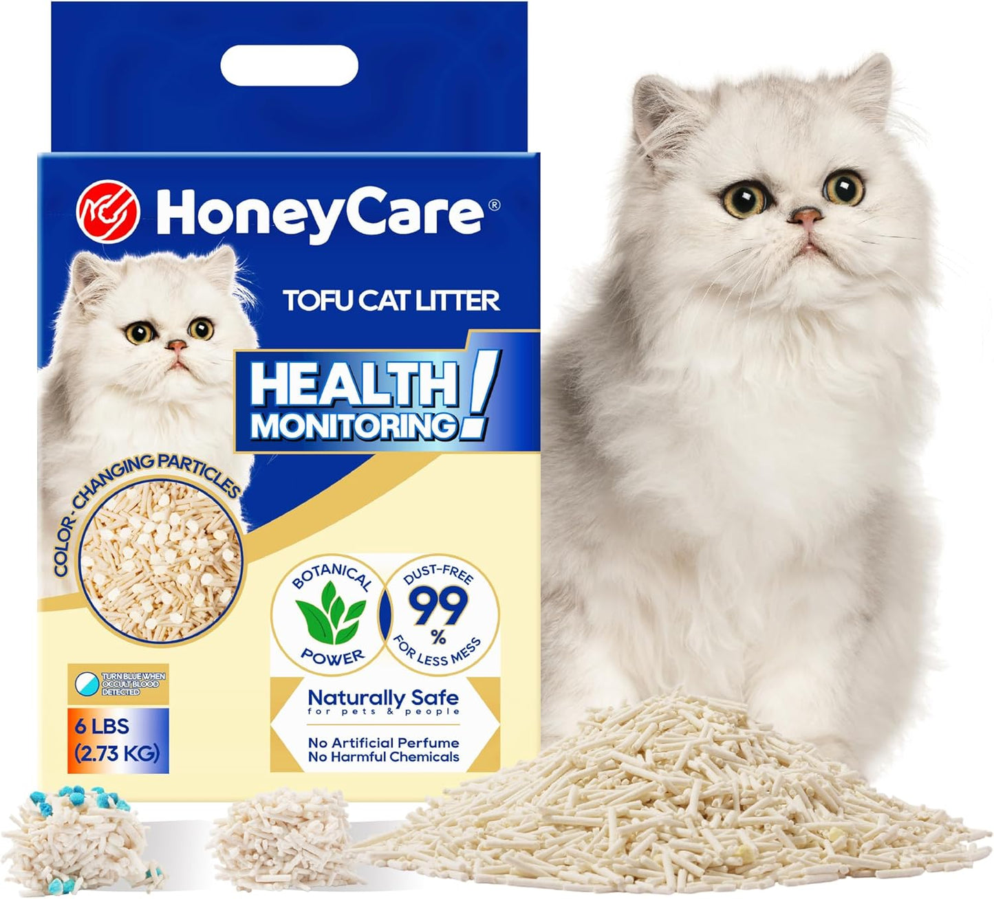 HoneyCare Health Monitoring Tofu Cat Litter | Natural Plant-Based Formula | Not Sticking to Litter Box | 99% Dust-Free & Low Tracking | Flushable Cat Litter |Urine Occult Blood Test| 6-lbs