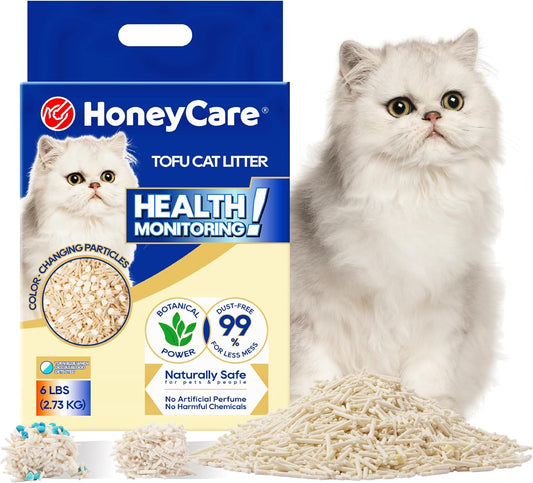 HoneyCare Health Monitoring Tofu Cat Litter | Natural Plant-Based Formula | Not Sticking to Litter Box | 99% Dust-Free & Low Tracking | Flushable Cat Litter |Urine Occult Blood Test| 6-lbs