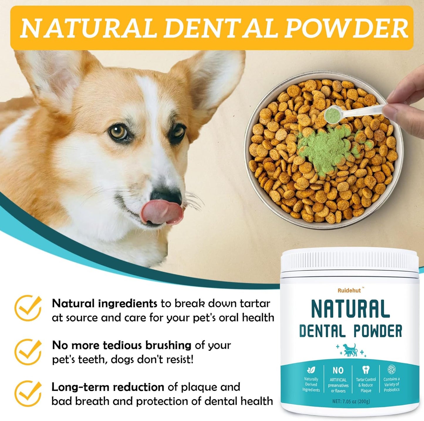 Dog Dental Kit, Dental Powder Contains Probiotics That Solve Bad Breath Through Internal Digestion, Finger Wipes Remove Plaque and Tartar from The Surface (50 Count & 7.05oz)