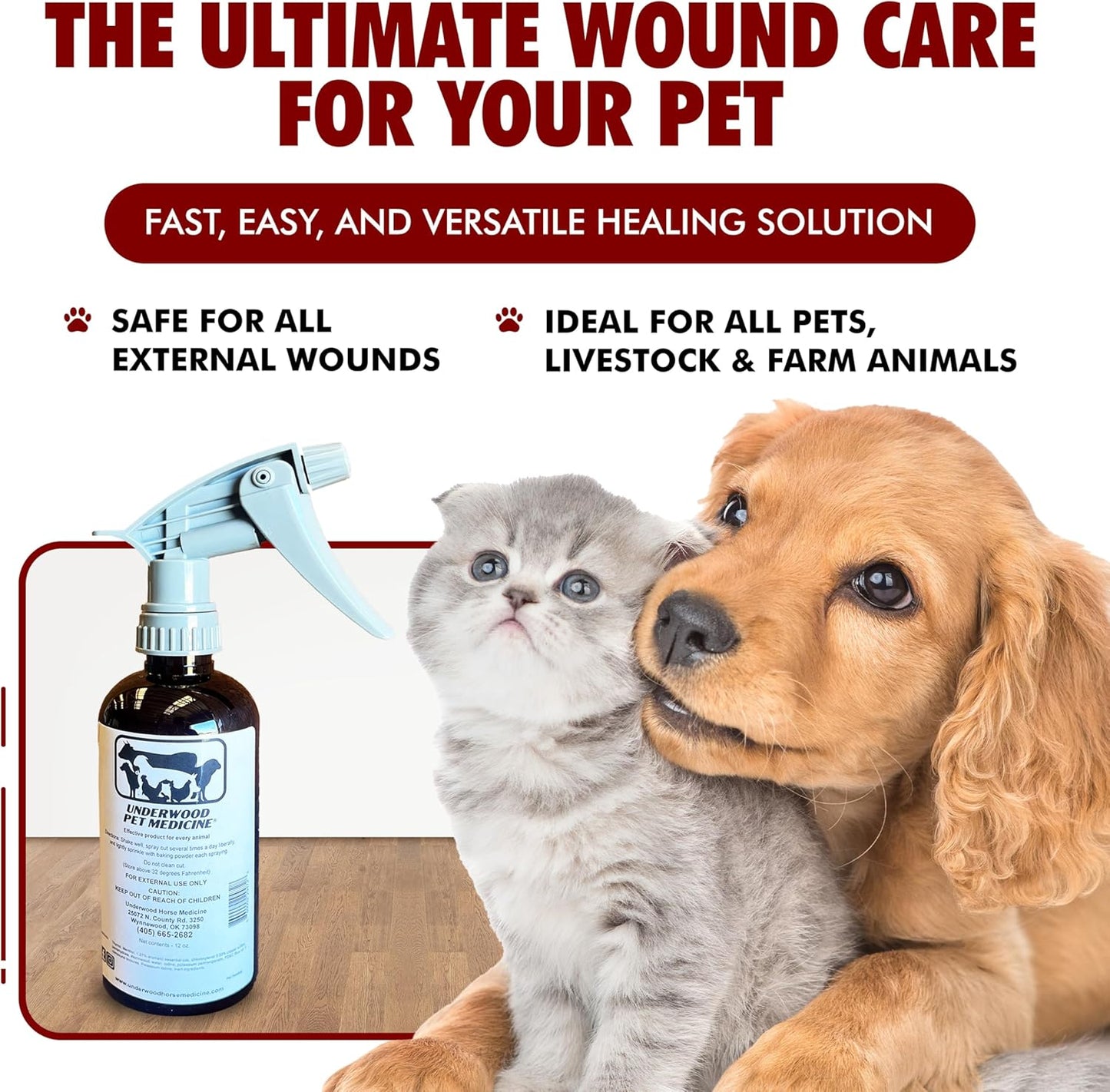 Underwood Pet Wound Care Spray – Versatile & Economical Wound Care Solution for All Animals - Prevents Infections, Gentle & Easy to Use - Antiseptic Spray Suitable for Cuts, Scrapes & Open Wounds