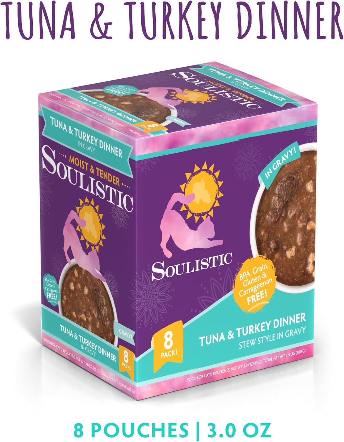 Soulistic Moist and Tender, Tuna and Turkey Dinner in Gravy, 3oz Pouch, Pack of 8