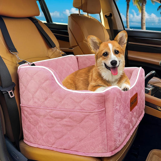 Dog Car Seat for Small Medium Dogs, Detachable Washable Dogs Booster Seat Under 35lbs, Elevated Dog Car Bed with Storage Pockets (Pink, One Size)