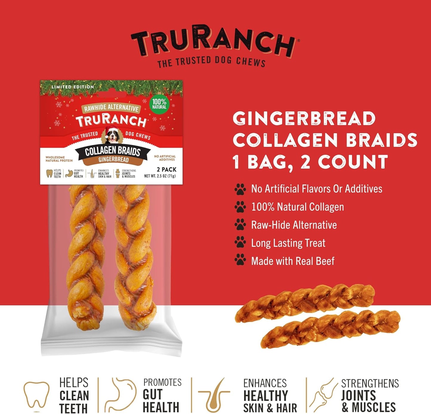 TRURANCH Gingerbread Collagen Braids - 1 Bag, 2 Count, Limited Edition Holiday Stocking Stuffer, Rawhide Free, 50% Protein, Healthy Limited Ingredients Dog Chew, for Small, Medium and Large Dogs