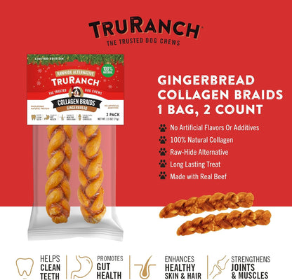 TRURANCH Gingerbread Collagen Braids - 1 Bag, 2 Count, Limited Edition Holiday Stocking Stuffer, Rawhide Free, 50% Protein, Healthy Limited Ingredients Dog Chew, for Small, Medium and Large Dogs