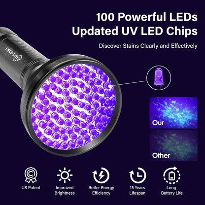 ESCO LITE UV Flashlight Black Light, 100 LED 395 nM Ultraviolet Flashlights UV Blacklight Detector for Dog Urine, Pet Stains and Bed Bug