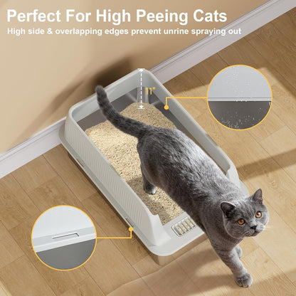 TENTIZON 2 Pack Stainless Steel Cat Litter Box with Lid, Open Top Large Metal Kitty Litter Pan with High Side, Litter Mat, Scoop for Kitten, Multi-Cats Home, Odor Control, Leak Proof, Easy Clean