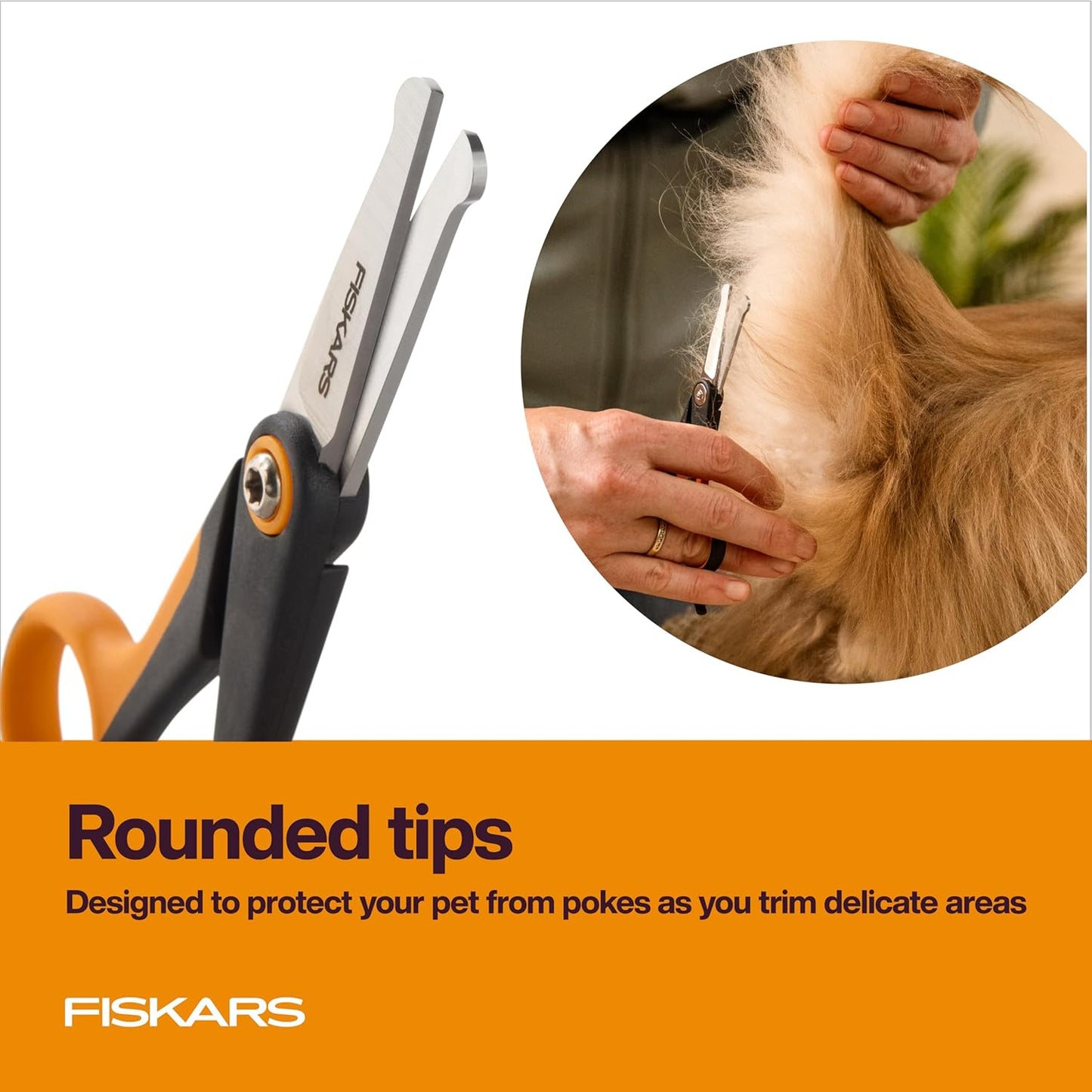 Fiskars Pet Detailing Scissors, Dog & Cat Grooming Scissors, Rounded Tips & SoftGrip Handle for Delicate Areas, Cat and Dog Supplies, 5.5”, Orange/Black