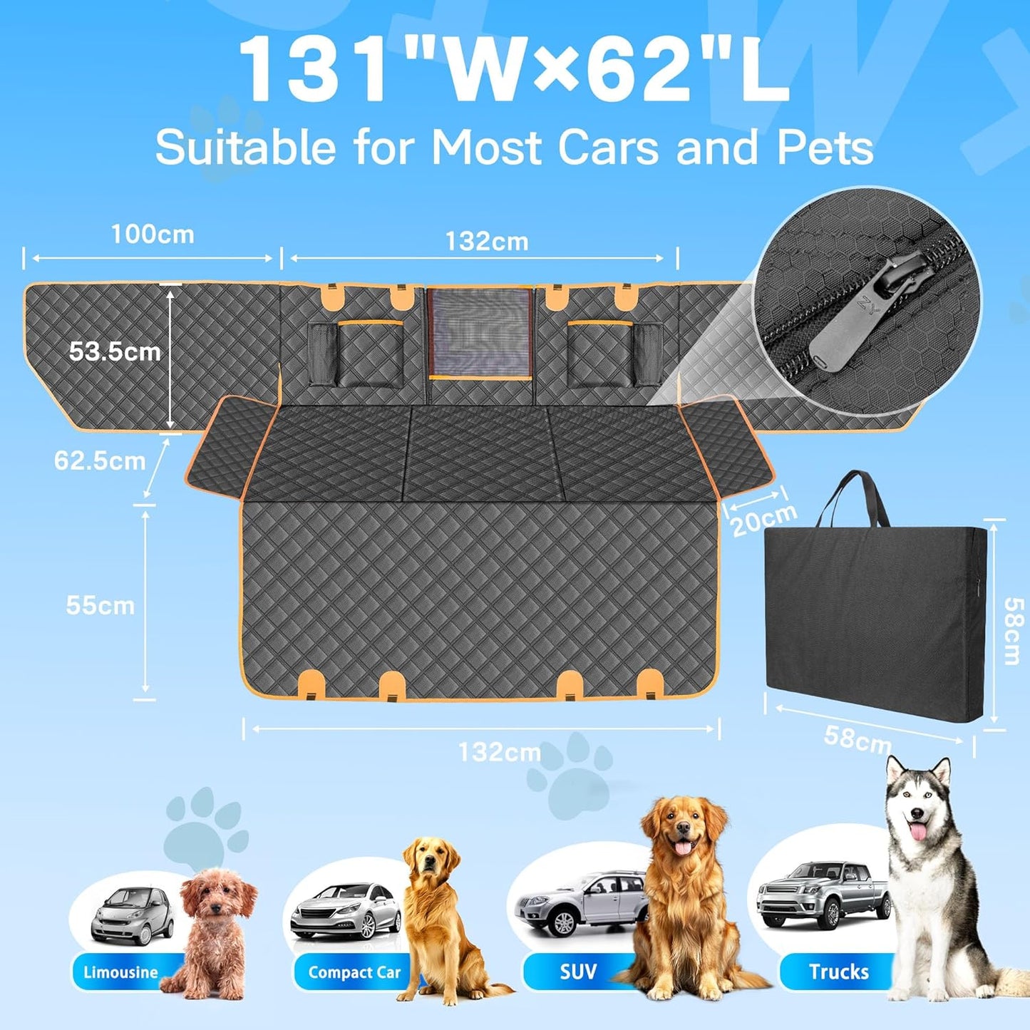 Dog Car Seat Cover for Back Seat, Hard Bottom Car Seat Cover for Dogs with Door Protectors, Waterproof Back Seat Extender for Dogs, Scratch-Resistant, Suitable for Cars