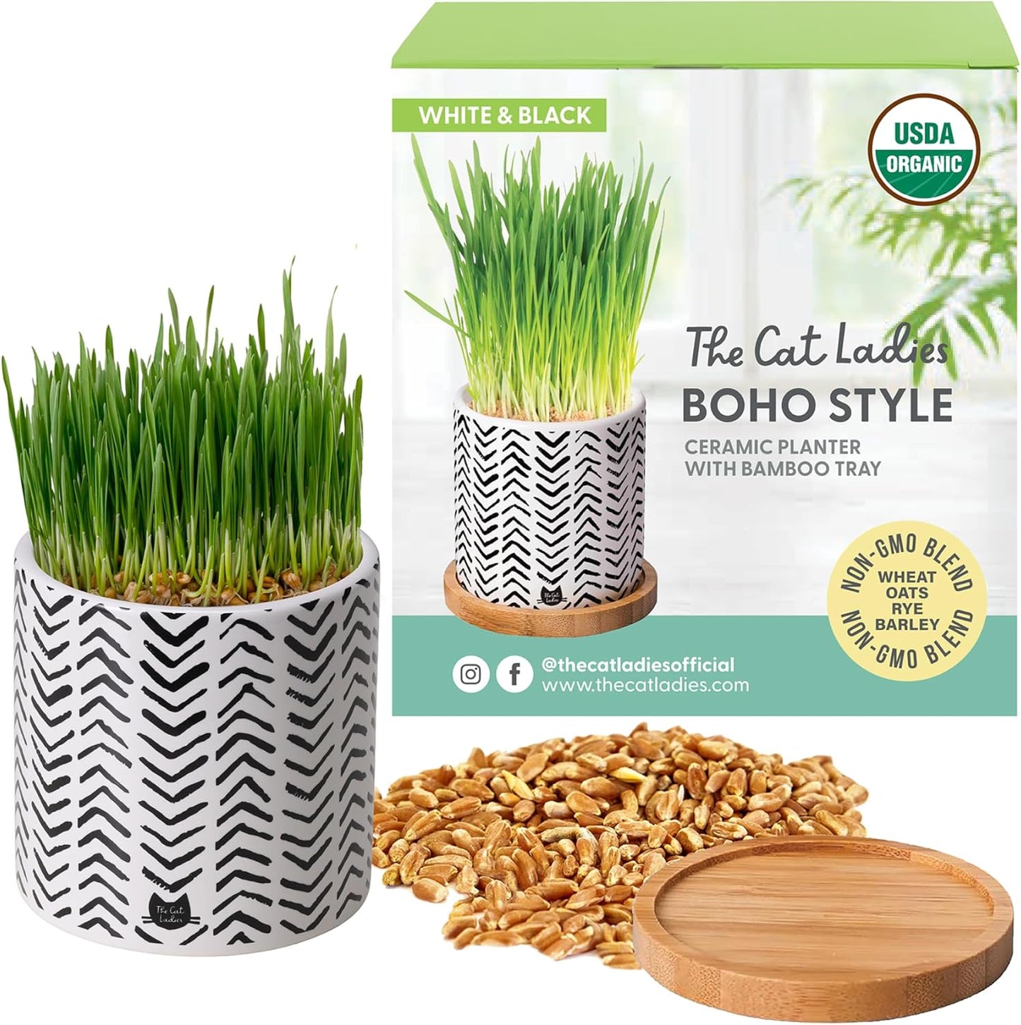 The Cat Ladies Organic Cat Grass for Indoor Cats - Growing Kit with Organic Seed Mix, Soil and Boho Planter with Bamboo Tray. Natural Hairball Control and Digestion Remedy, Cat Gifts