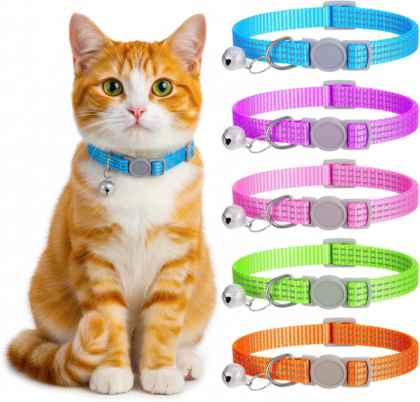 5 PCS Reflective Breakaway Cat Collars with Bells, Adjustable Breakaway Kitten Collars Colorful Soft Safety Buckle Cat Collar Girl Boy Pet Cats Collar, SafetyCollar for Pet Supplies Stuff Accessories