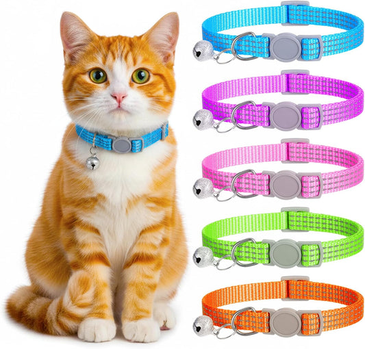 5 PCS Reflective Breakaway Cat Collars with Bells, Adjustable Breakaway Kitten Collars Colorful Soft Safety Buckle Cat Collar Girl Boy Pet Cats Collar, SafetyCollar for Pet Supplies Stuff Accessories