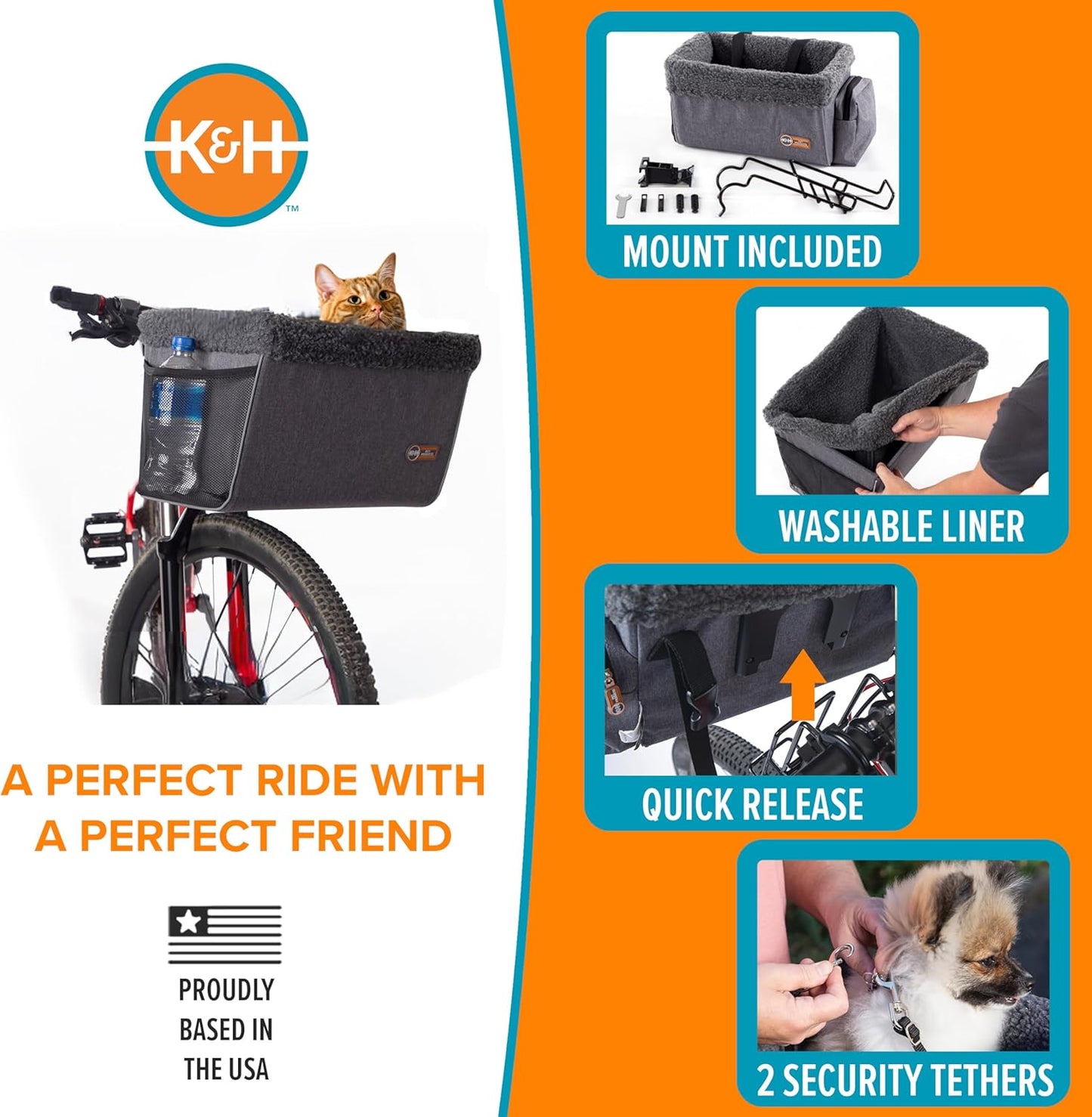 K&H Pet Products Bike Basket Front Dog Carrier, Universal Fit Cat Dog Pet Bike Basket with Front Bicycle Mount Included, Washable Liner, Strong Metal Basket, 2 Safety Leashes - Large 16 X 12 X 10in