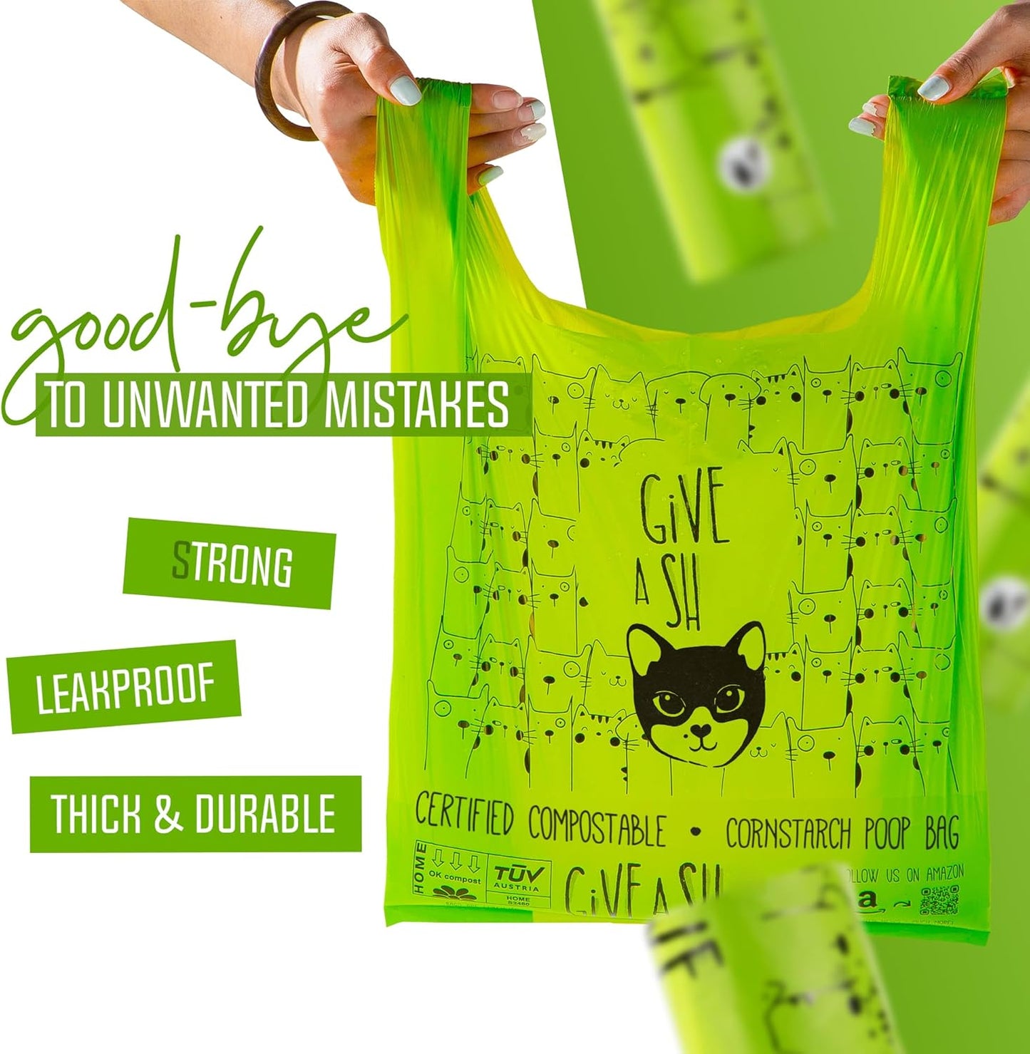 Certified Home Compostable Cat Litter Bags For Poop - 10% to Charity - Cornstarch-Based - For Cleaning Up Litter Trays - NF T51-800 Compliant - 90 Extra Large Disposable Bags