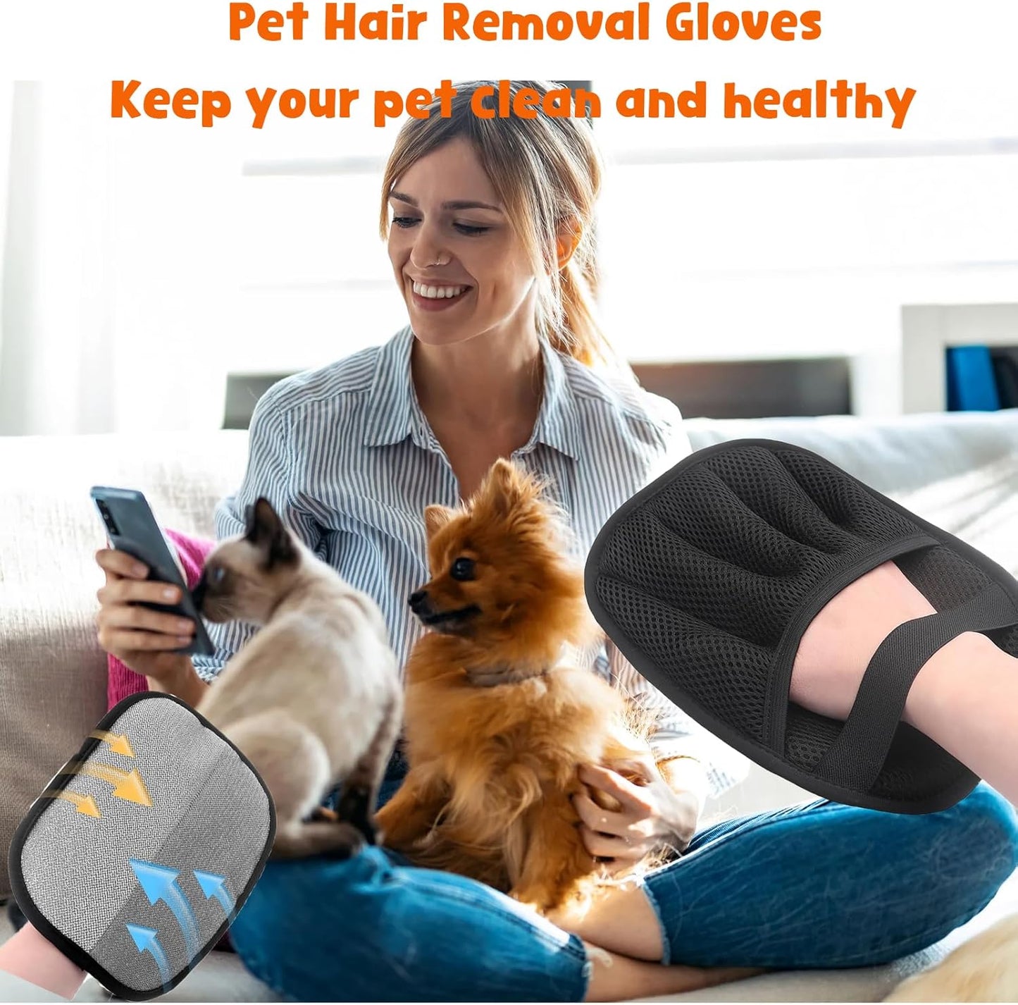 2Pcs Pet Hair Removal Glove for Dogs & Cats,The Magic Brush Pet Hair Remover,Five-Finger Electrostatic Pet Hair Gloves for Furniture,Car,Couch,Carpet,Essential Pet Supplies