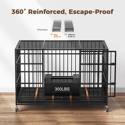 48" Dog Crates for Large Dogs, Upgraded 4 Lockable Wheels, Removable Door, Dog Kennel Indoor, Max Load 300Lbs, Easy to Clean, Removable Tray, XL Dog Cage for Large and Medium Dogs