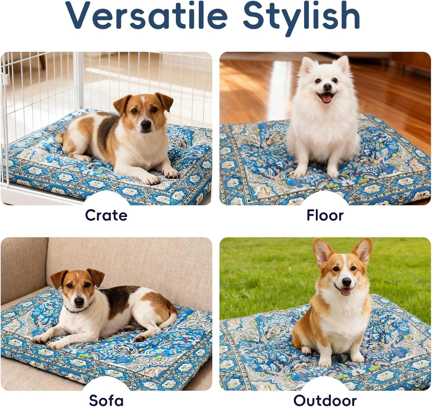 Washable Dog Crate Bed, Ultra Soft & Anti-Slip Crate Pad, Cozy Kennel Mat for Large/Medium/Small Dogs, Thick & Bohemian Dog Bed Mat (Blue, 30.0" L x 19.0" W x 2.3" H)