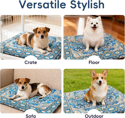 Washable Dog Crate Bed, Ultra Soft & Anti-Slip Crate Pad, Cozy Kennel Mat for Large/Medium/Small Dogs, Thick & Bohemian Dog Bed Mat (Blue, 30.0" L x 19.0" W x 2.3" H)