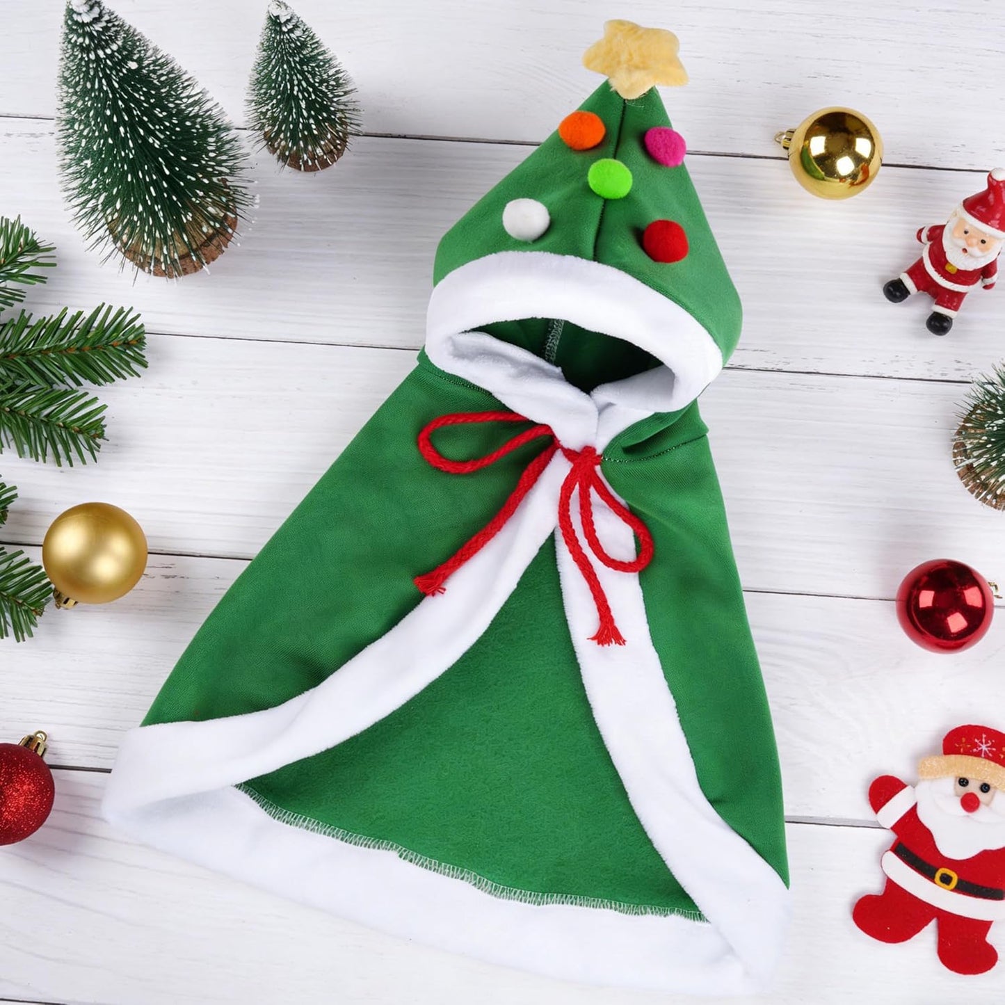 1Pc Cat Christmas Cape with Star and Pompoms Hat Festive Pets Christmas Costume Green Soft Cloak for Small Breed Dogs Holiday Party Outfit Pet Attire M Size