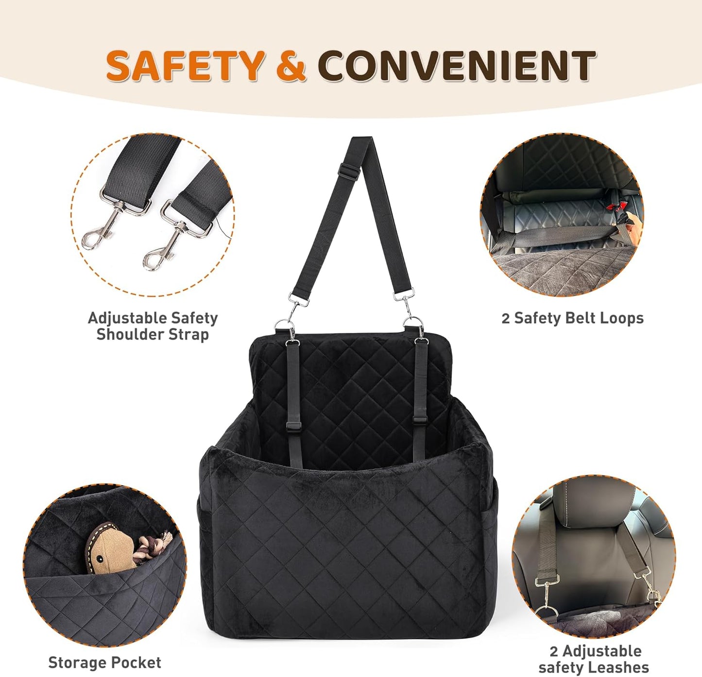 Dog Car Seat for S/M Dogs, Memory Foam Dog Booster Car Seat Up to 35lbs, Detachable Washable Pet Travel Bed with Side Pockets and 2 Safety Belts, Easy to Install (Black)