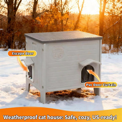 Weatherproof Outdoor Cat House with Insulated Liner for Feral Cat, Plastic Elevated Cat Shelter with Escape Door, Easy Assemble, Expansive Interior‌ Grey 27.0" L x 27.0" W x 21.0" H