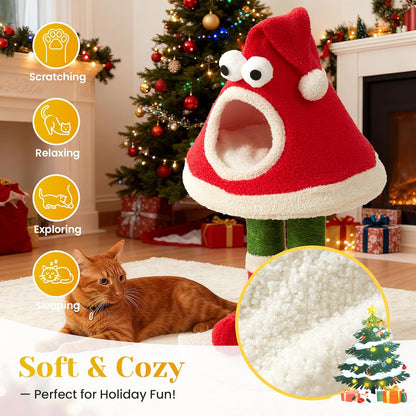 Christmas Cat Tree Tower –Santa Hat Design with Scratching Posts & Cozy Bed, Suitable for Small to Large Cats, Red