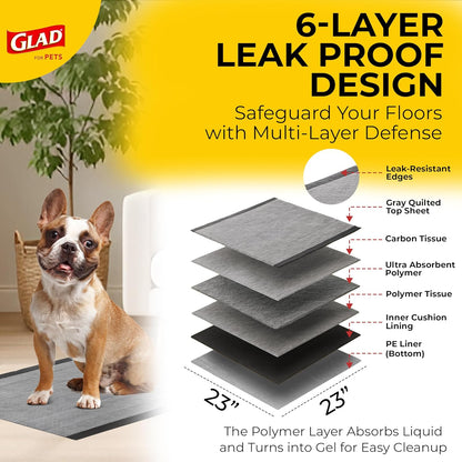 Glad for Pets Black Charcoal Puppy Pads - Super Absorbent Disposable Dog Pee Pads, Potty Training Pads, and Pet Supplies - Dog Pee Pads for Crate Training and Indoor Use 23" x 23" - 50 Count