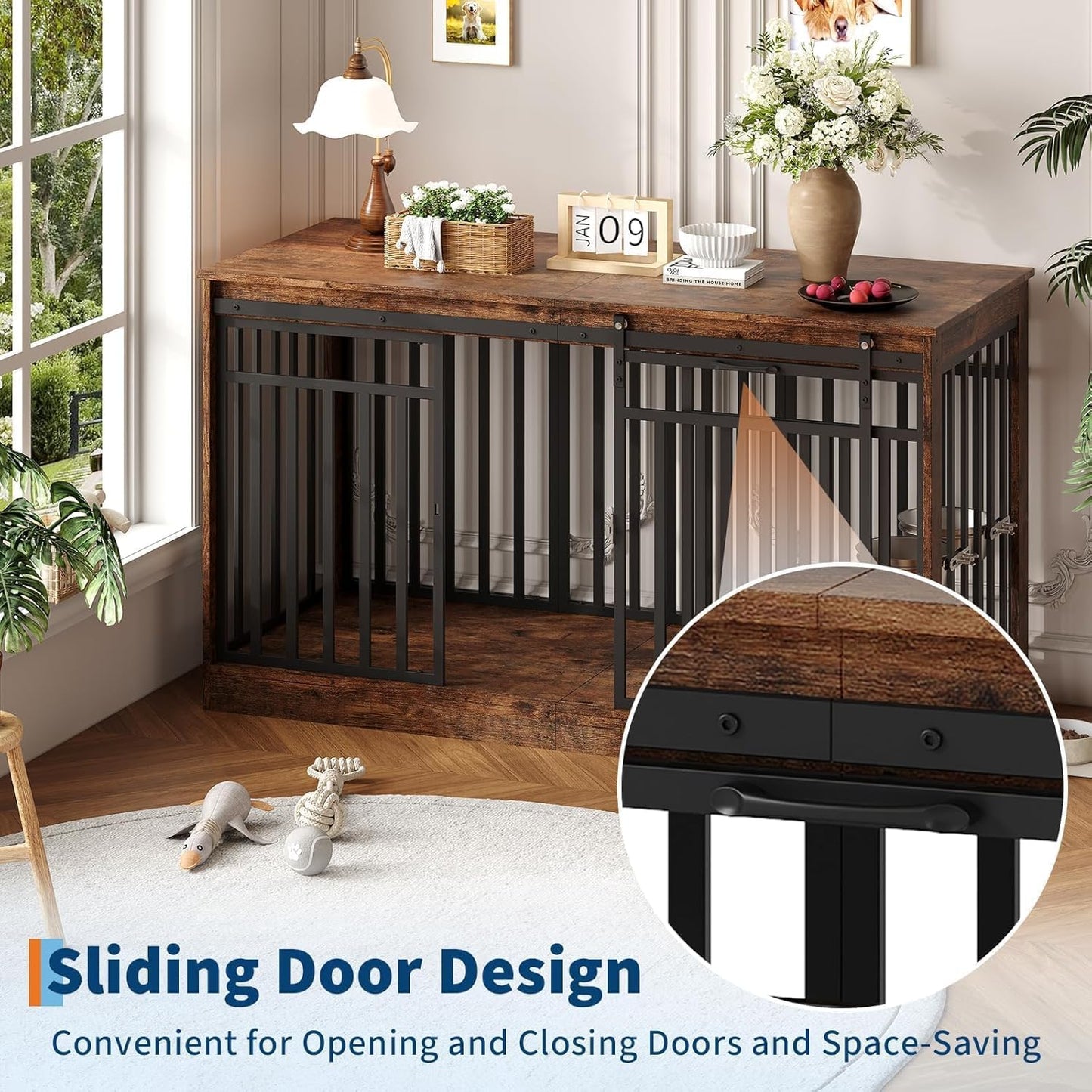 Double-Door Dog Crate Furniture, 55 Inch Rustic Wooden Indoor Dog House Side Table for Small to Medium Dogs, Chew-Resistant Pet End Table, Brown