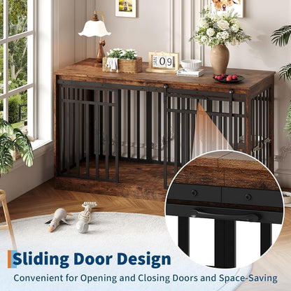 Double-Door Dog Crate Furniture, 55 Inch Rustic Wooden Indoor Dog House Side Table for Small to Medium Dogs, Chew-Resistant Pet End Table, Brown