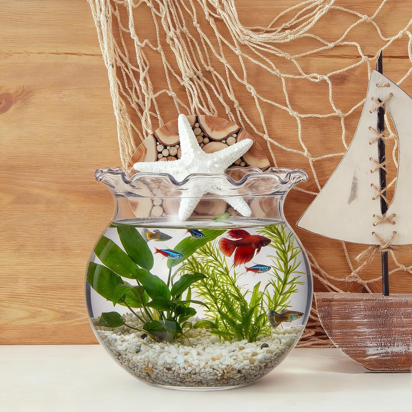 SATINIOR Mini Plastic Fish Bowl with Fish Net Decor, 6 Small 0.18 Gallon Lace Bubble Bowl Pair with 6 Fishnet, for Ocean-Themed Aquarium Hawaiian Parties Banquets Mediterranean Style