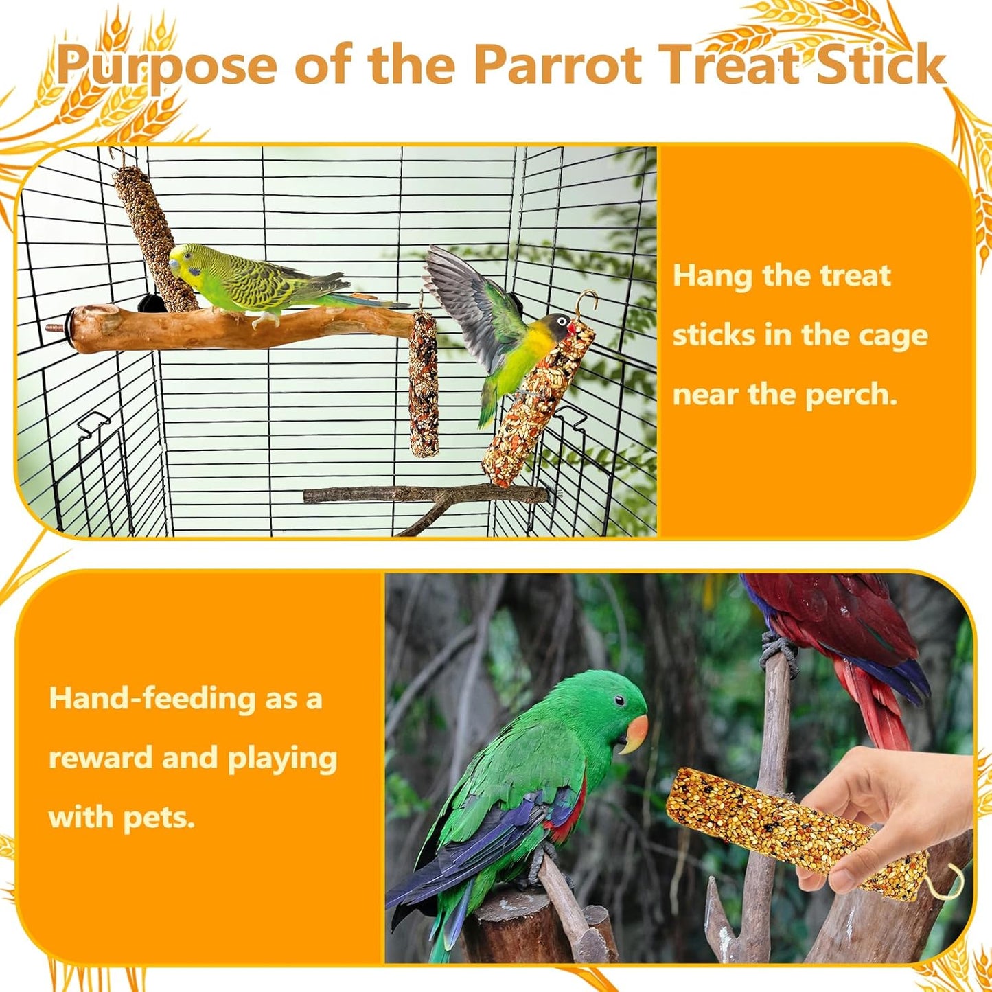 3PCS Parakeet Treat,Natural Parrots Treat Sticks,Vegetable & Grain Style Sticks,Bird Treats for Cockatiel Lovebirds Budgies Canary Finches Myna Conure