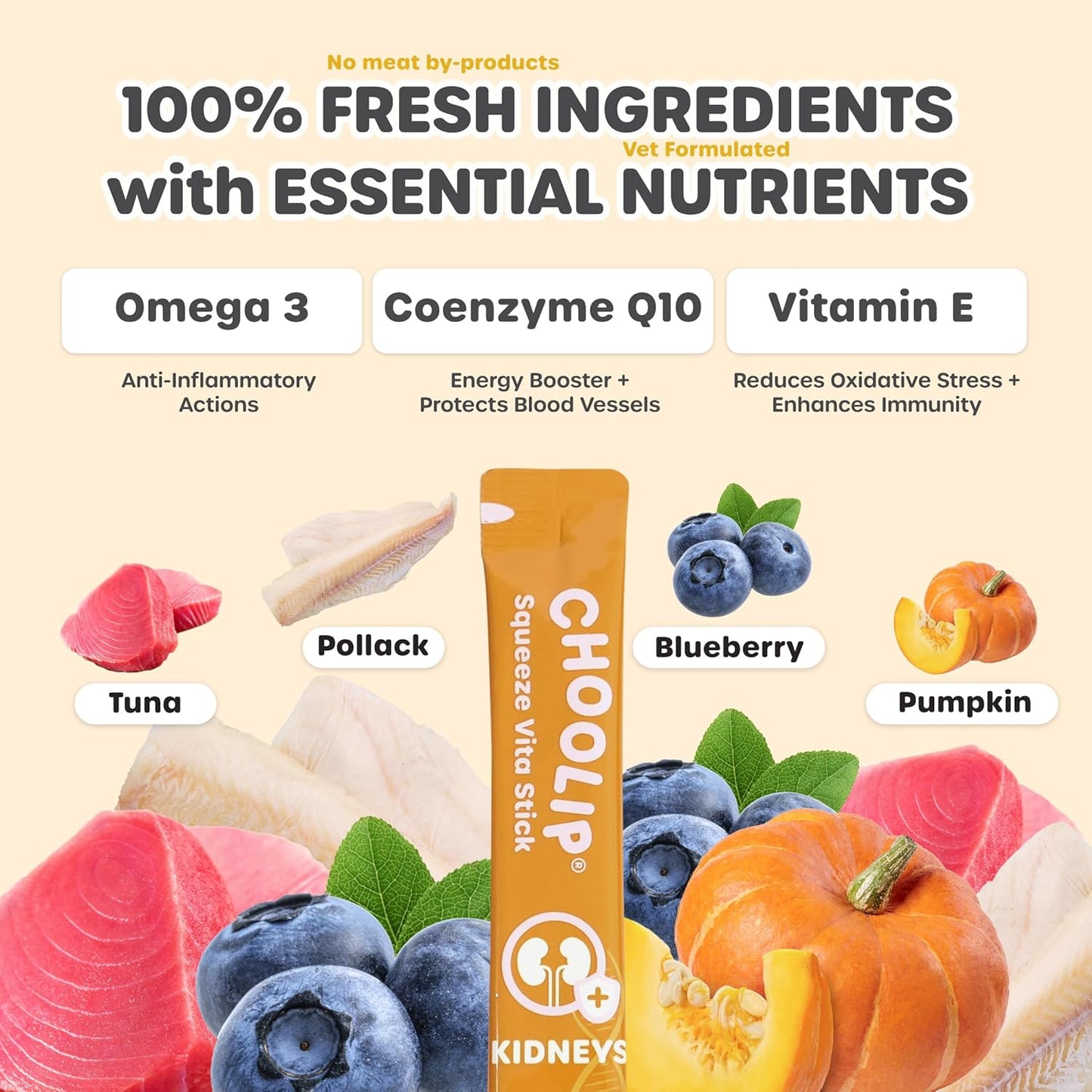 Choolip Squeeze Vita Stick Lickable Cat and Dog Treats, 7-Count Kidney Support, Tuna and Pollack with Cranberry, CoQ10 and Omega-3, Grain-Free, Vet-Formulated