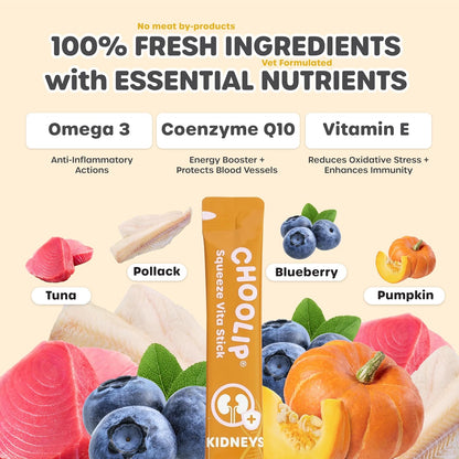 Choolip Squeeze Vita Stick Lickable Cat and Dog Treats, 7-Count Kidney Support, Tuna and Pollack with Cranberry, CoQ10 and Omega-3, Grain-Free, Vet-Formulated