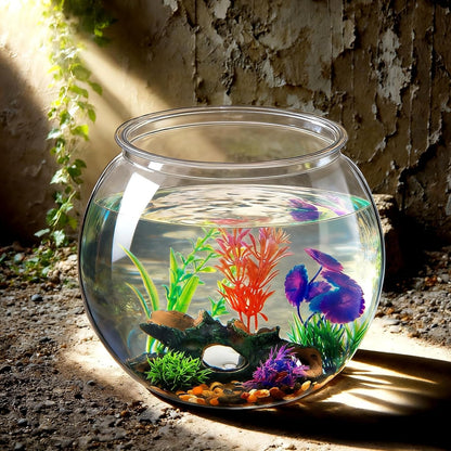 3 Gallon Plastic Betta Fish Bowl with 6 Pcs Artificial Plastic Plants and 500g Decorative Gravel, Betta Fish Tank and Decoration Accessories Small Large Bowl Ornaments Starter Kit