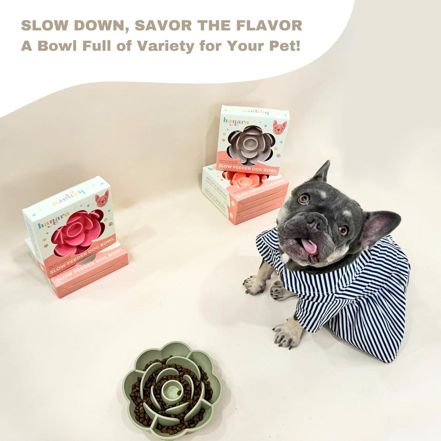 Hanara Sillicone Slow Feeder Dog Bowls & Lick Mat with Suction Bottom | Rose Petals Design | Promotes better digestion, prevent choking | Dish Washer Safe | Great Size For All Breed (Rose Quartz Pink)