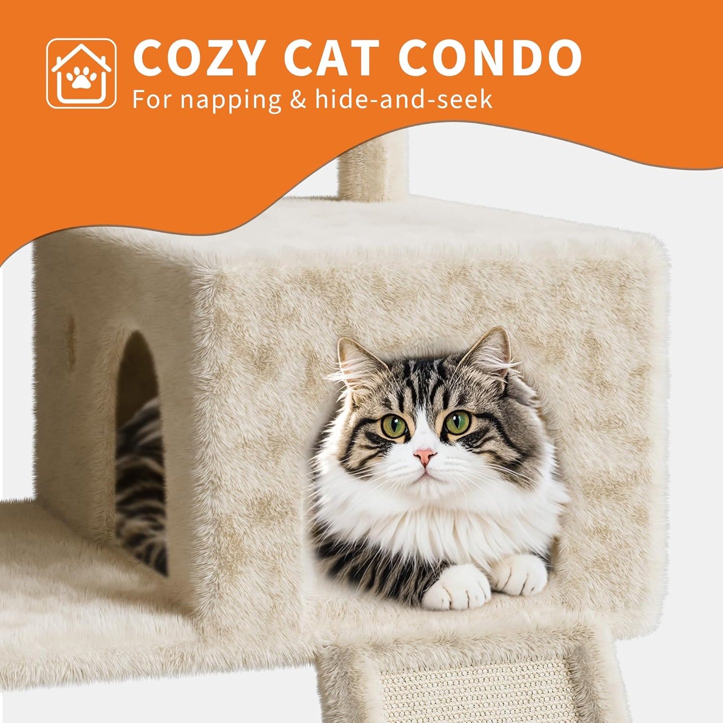 68.5" Heavy Duty Multi-Level Cat Tree Tower for Large Indoor Cats 20 lbs+, Soft Condo, Sisal Scratching Posts, Hammocks, Basket, Dangling Ball, Perches, Activity Platform – Beige, 2605 Model