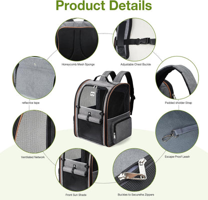 Lekebobor Large Cat Backpack Carrier Expandable Pet Carrier Backpack for Small Dogs Medium Cats Fit Up to 18 Lbs, Dog Backpack Carrier, Foldable Puppy Backpack Carrier for Travel, Hiking, Grey