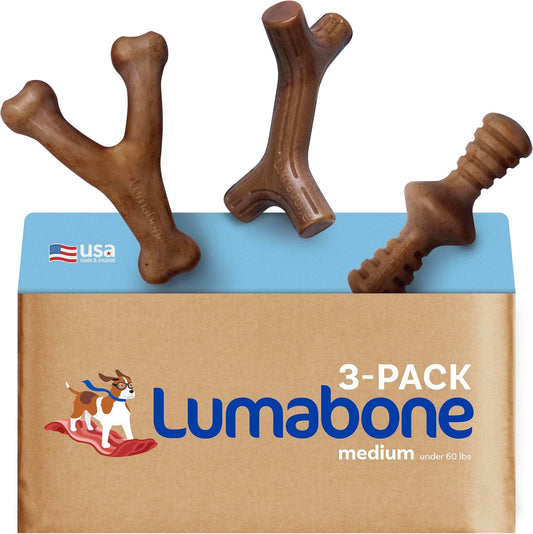 Lumabone Real Bacon Medium 3-Pack Durable Dog Chew Toys for Aggressive Chewers, Made in USA – Wishbone, Zaggler, Stick