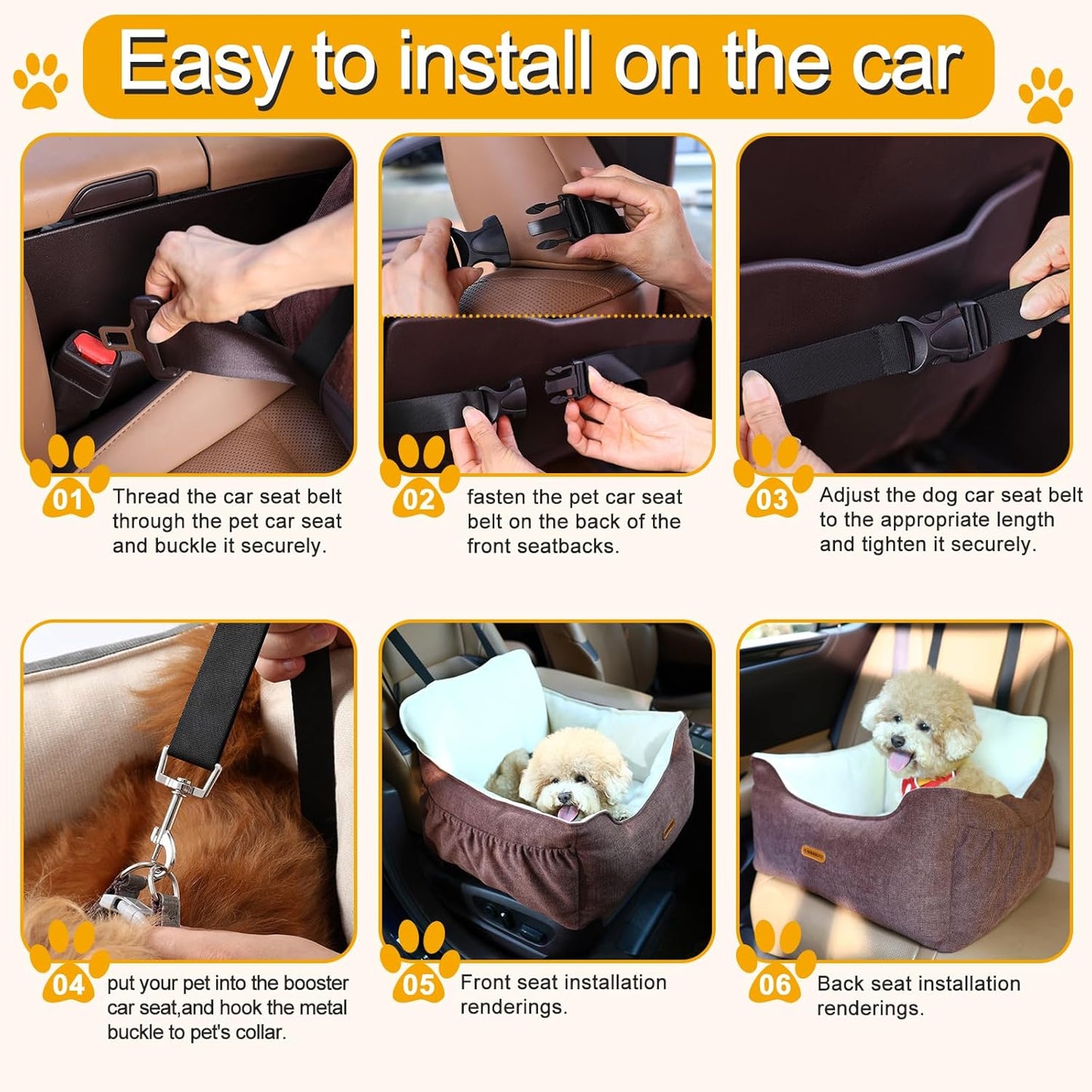 Dog Car Seat for Small Dogs Under 25Lbs, Portable Comfy Safe Puppy Car Seat Travel Bed with Storage Pockets, Fully Detachable Washable Dog Booster Carseats for Front & Back Seats, Brown
