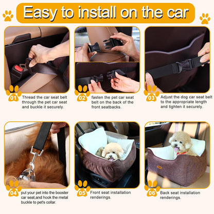 Dog Car Seat for Small Dogs Under 25Lbs, Portable Comfy Safe Puppy Car Seat Travel Bed with Storage Pockets, Fully Detachable Washable Dog Booster Carseats for Front & Back Seats, Brown